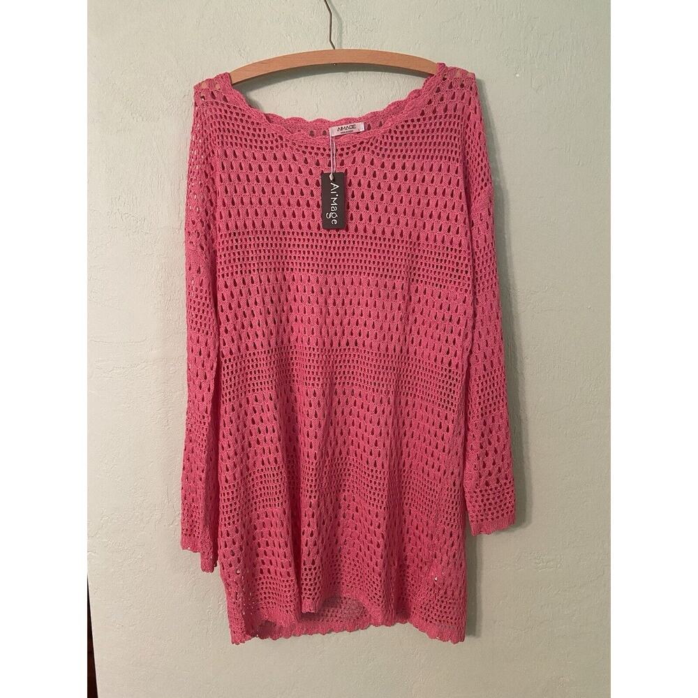 AI'MAGE Crochet Swim Cover Up Knitted Hollow Out Long Sleeve Swimsuit Coverup Lg